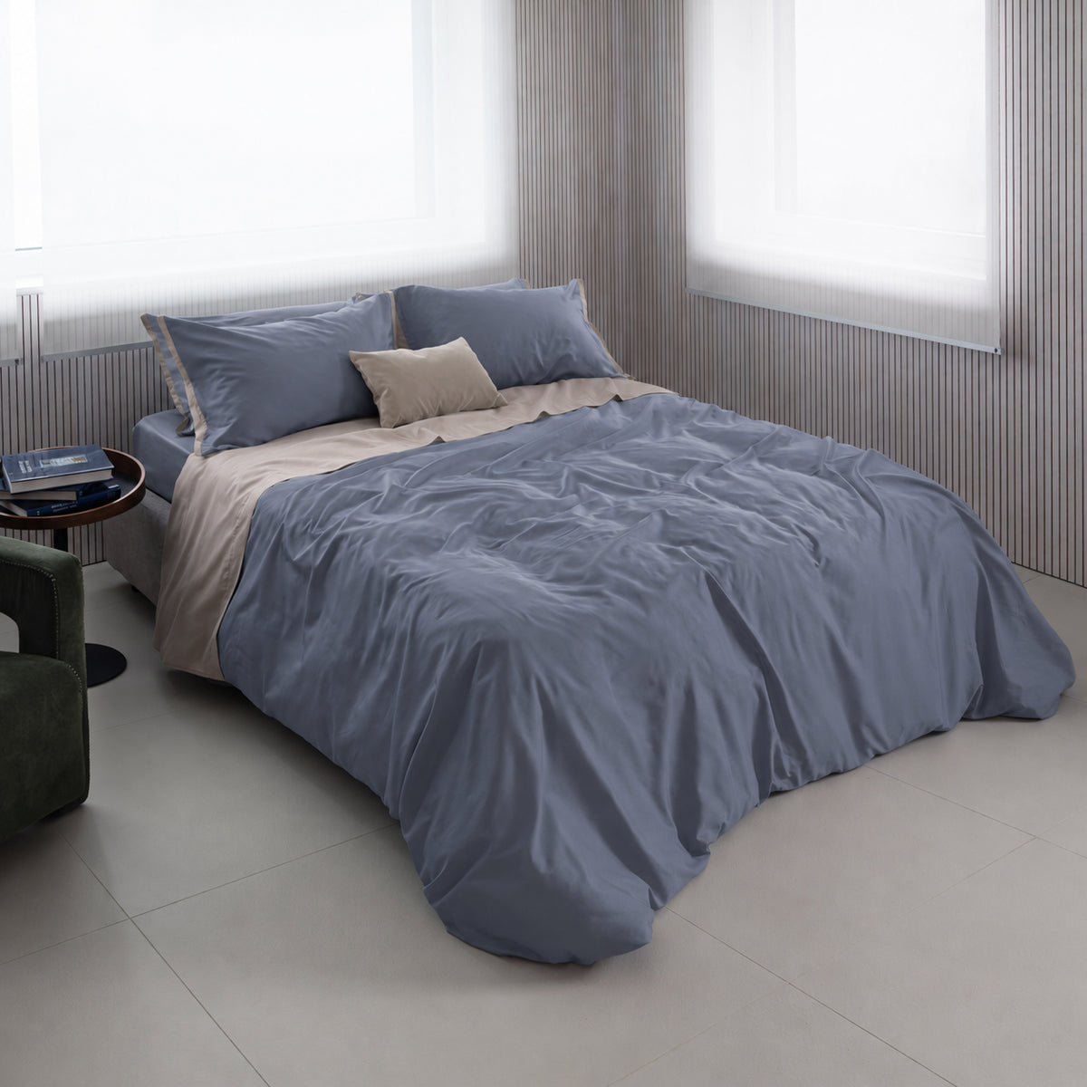 Completo lenzuola in caldo cotone bicolore Armonia metal blue