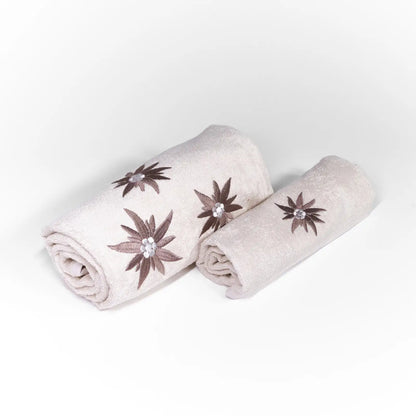 Coppia di asciugamani ricamata Daunex disegno Edelweiss ecru