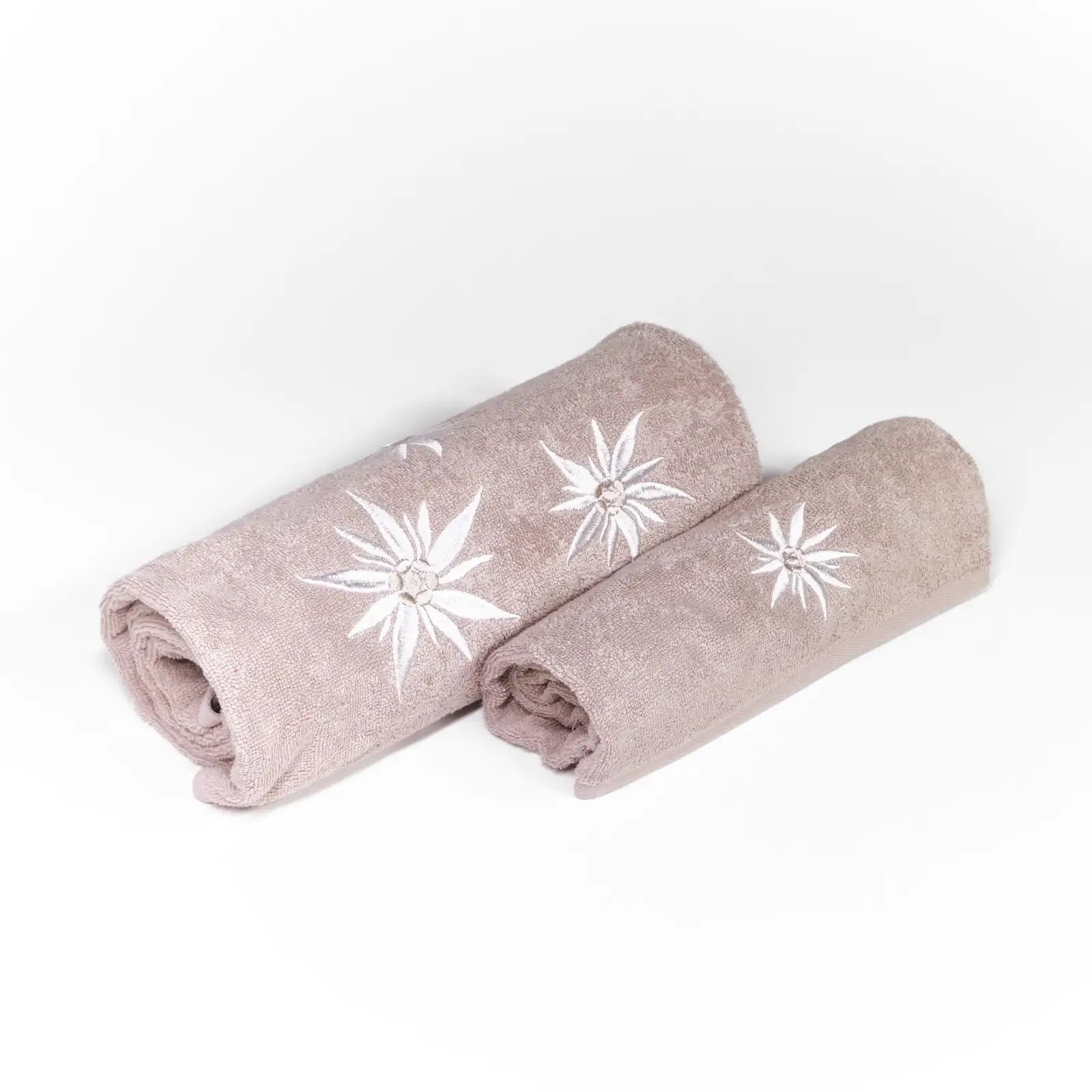 Coppia di asciugamani ricamata Daunex disegno Edelweiss tortora