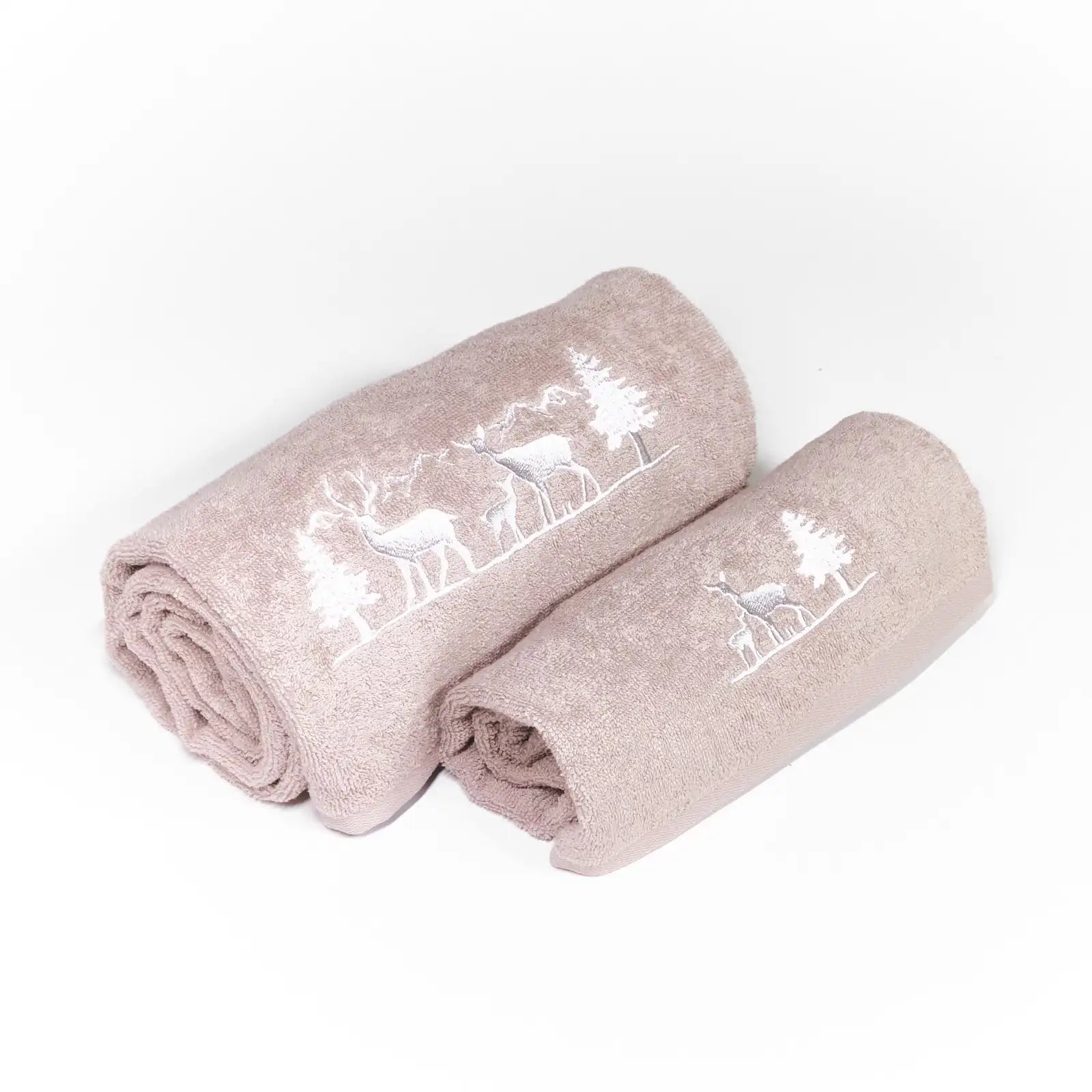 Set Asciugamani Ricamati DEA - Coppia Spugna Cotone 40x60 + 60x110 Cm, Colore Tortora