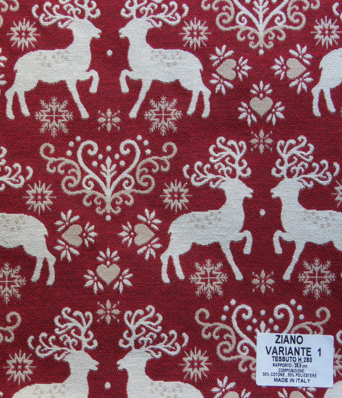 Tessuto tirolese HomeLoves Ziano rosso con cervi, altezza 280 cm e rapporto fantasia 26 cm