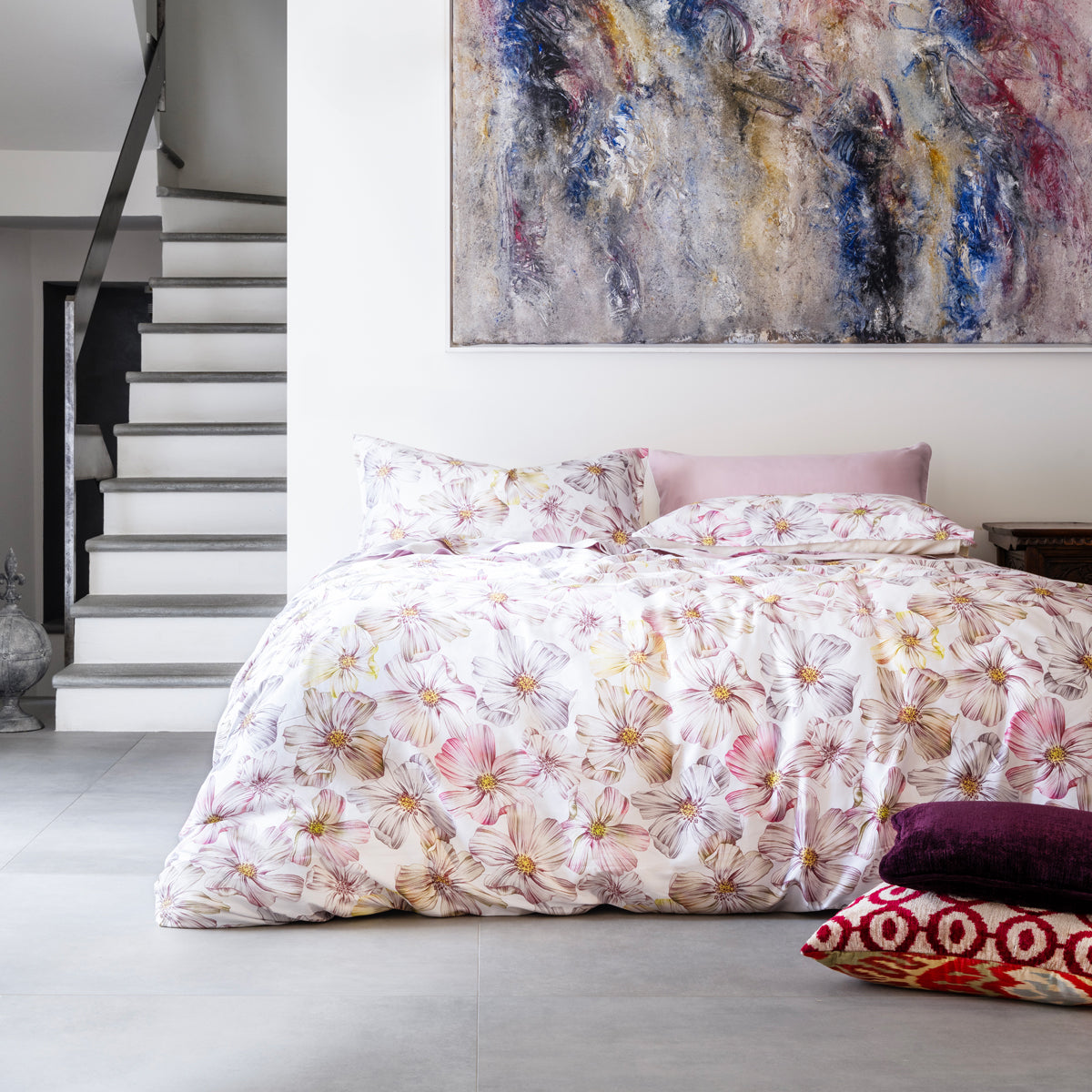 Parure Copripiumino matrimoniale in Raso Miranda ambientata colore lino