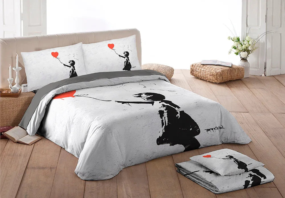 Parure copripiumino matrimoniale bambina con palloncino di banksy colore bianco-nero - Home Loves