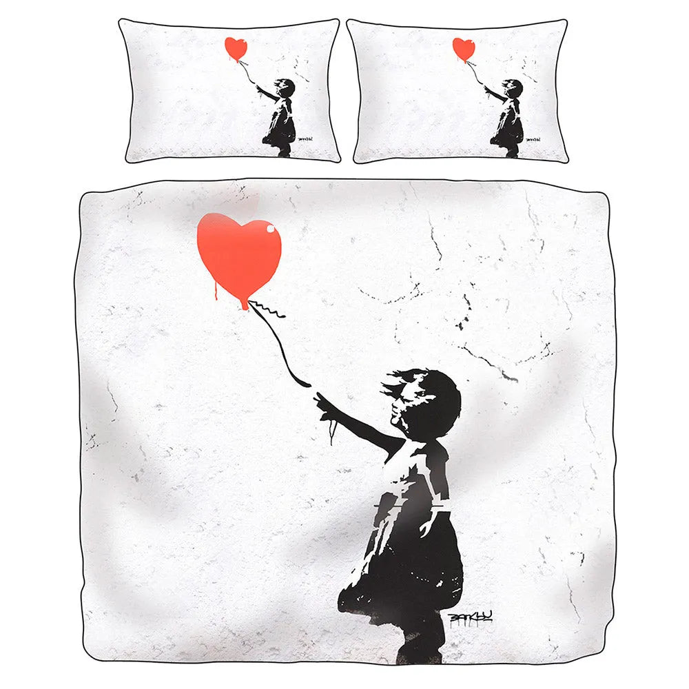 Parure copripiumino matrimoniale bambina con palloncino di banksy colore bianco-nero - Home Loves