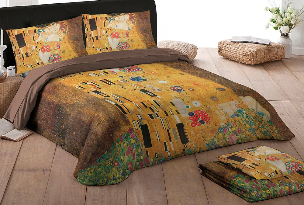 Parure copripiumino matrimoniale il bacio di klimt colore marrone - Home Loves
