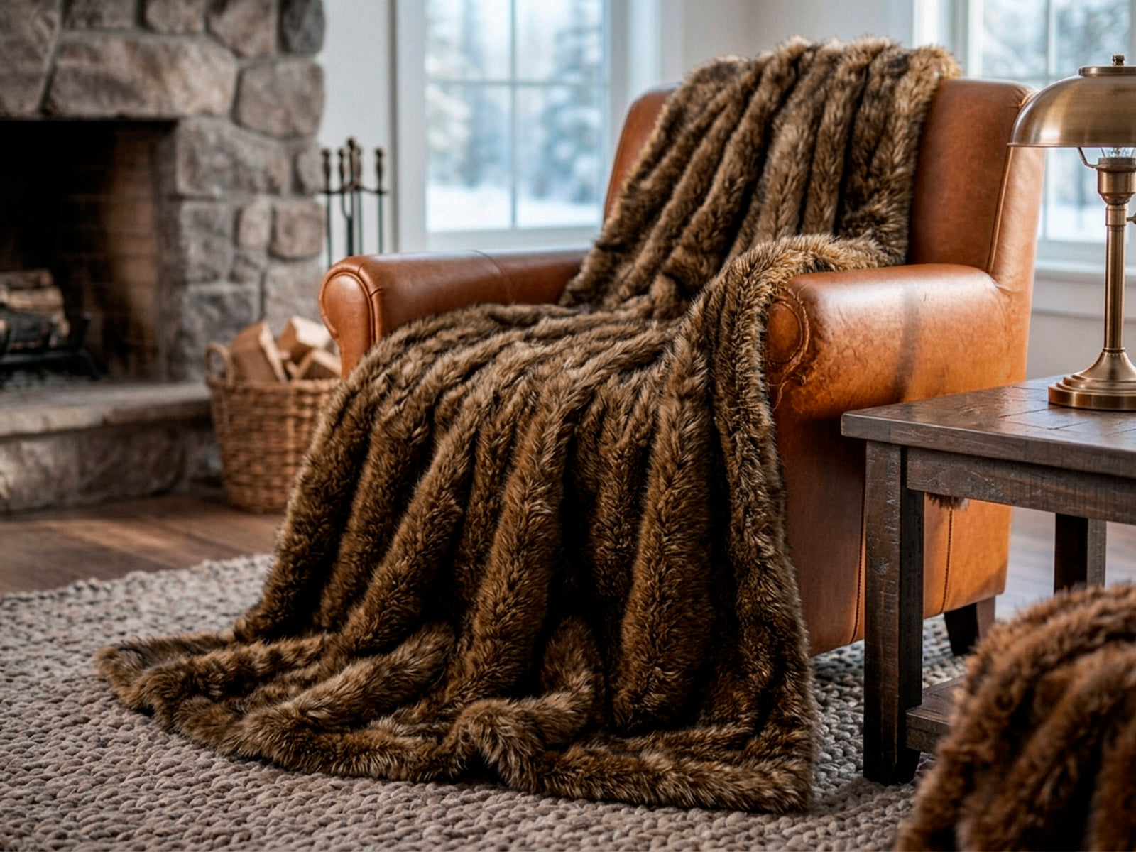Plaid e coperta effetto pelliccia Daunex Fur Deluxe colore marrone ambientata