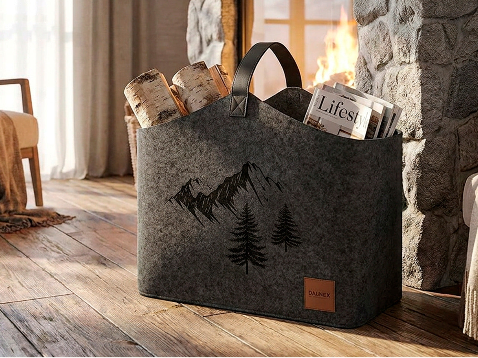 Porta Legna in feltro Nordico Mod Berg e Bag colore grigio ambientata.