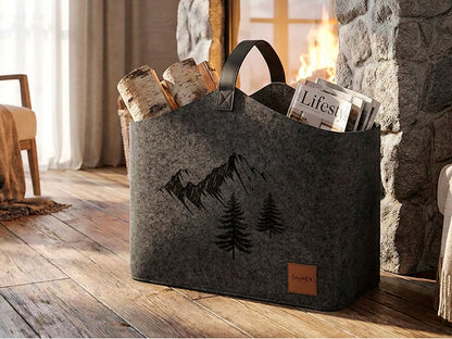 Porta Legna in feltro Nordico Mod Berg e Bag colore grigio ambientata.