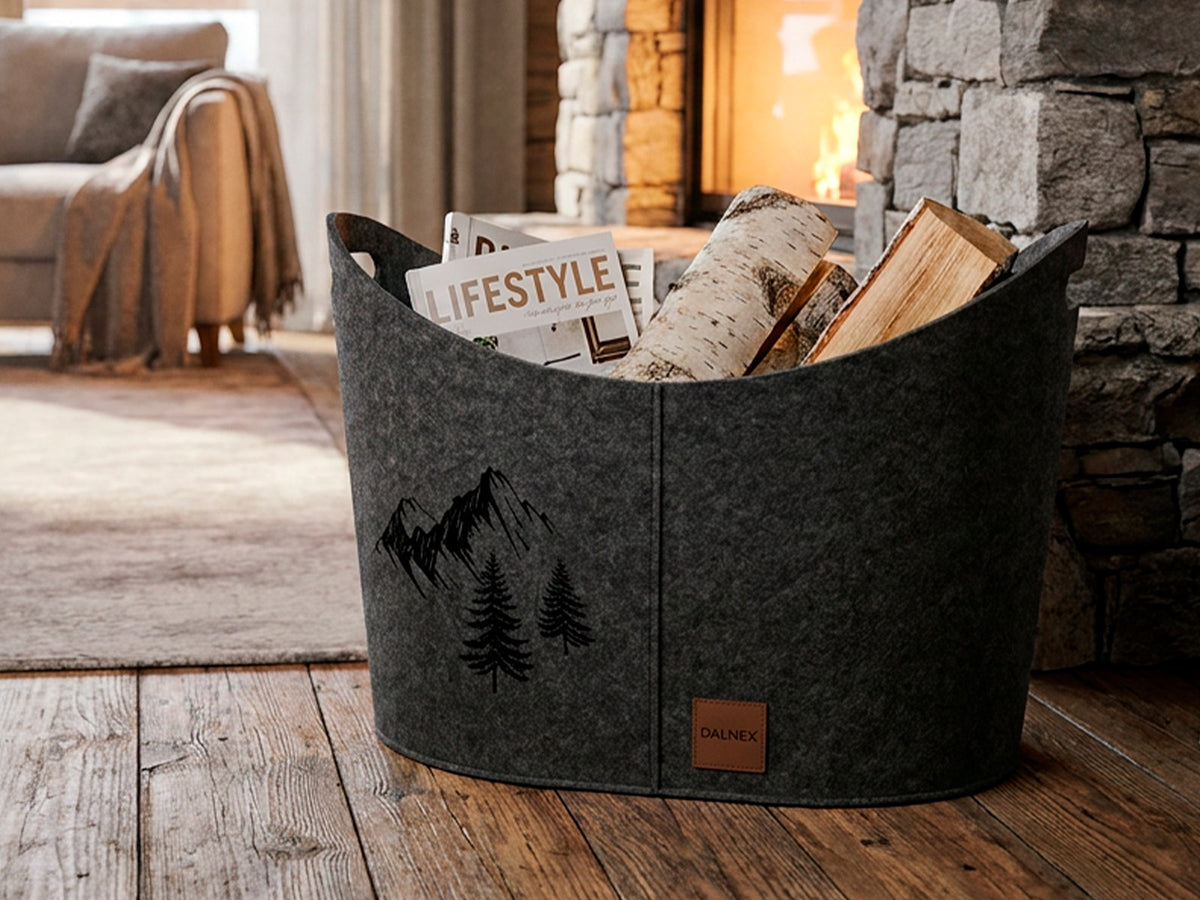 Porta Legna in feltro Nordico Mod Berg e Bag colore grigio ambientata