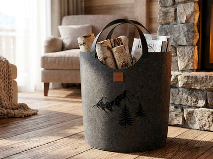 Porta Legna in feltro Nordico Mod Chalet e Cube colore grigio ambientata