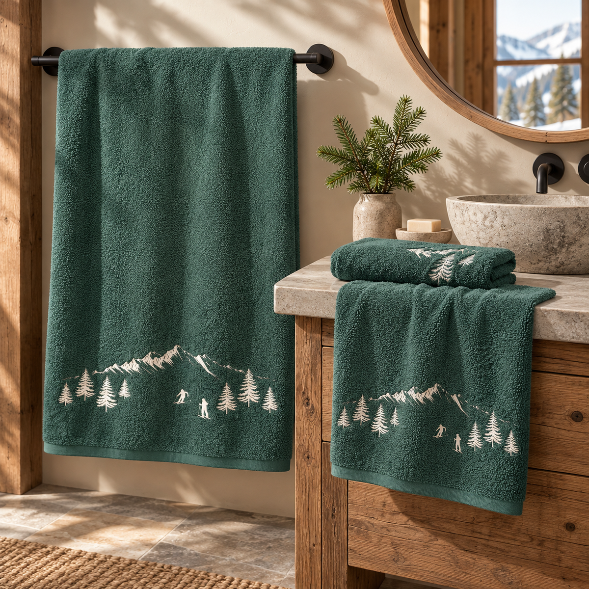 Set Bagno Nordico Ricamato 3 Pezzi Coppia Asciugamani e Telo